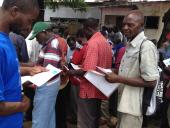 Legal consultation between migrant mineworker and LHR staff in Mozambique